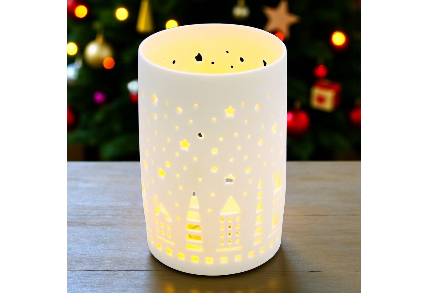 Spetebo LED-Dekofigur Porzellan LED Windlicht Skyline matt weiß - 13 cm (Anzahl, 1 St., Set), inklusive Batterie von Spetebo