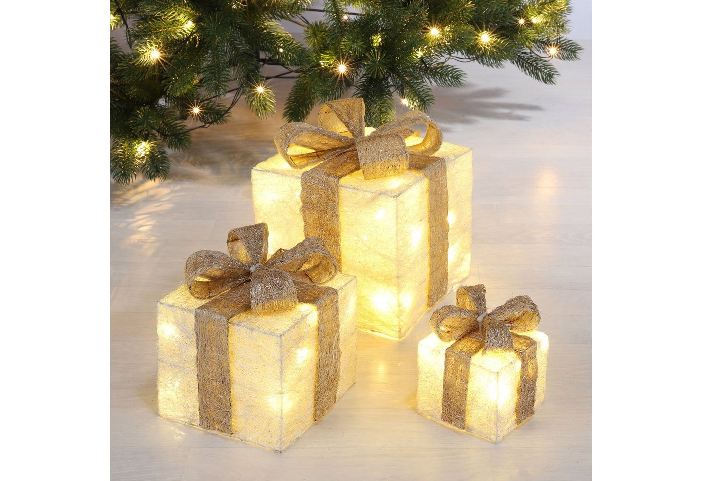 Spetebo LED Dekoobjekt LED Geschenkboxen mit Timer 3er Set - creme, Timerfunktion, LED fest verbaut, warm weiß, Weihnachts Deko Boxen warm weiß beleuchtet von Spetebo