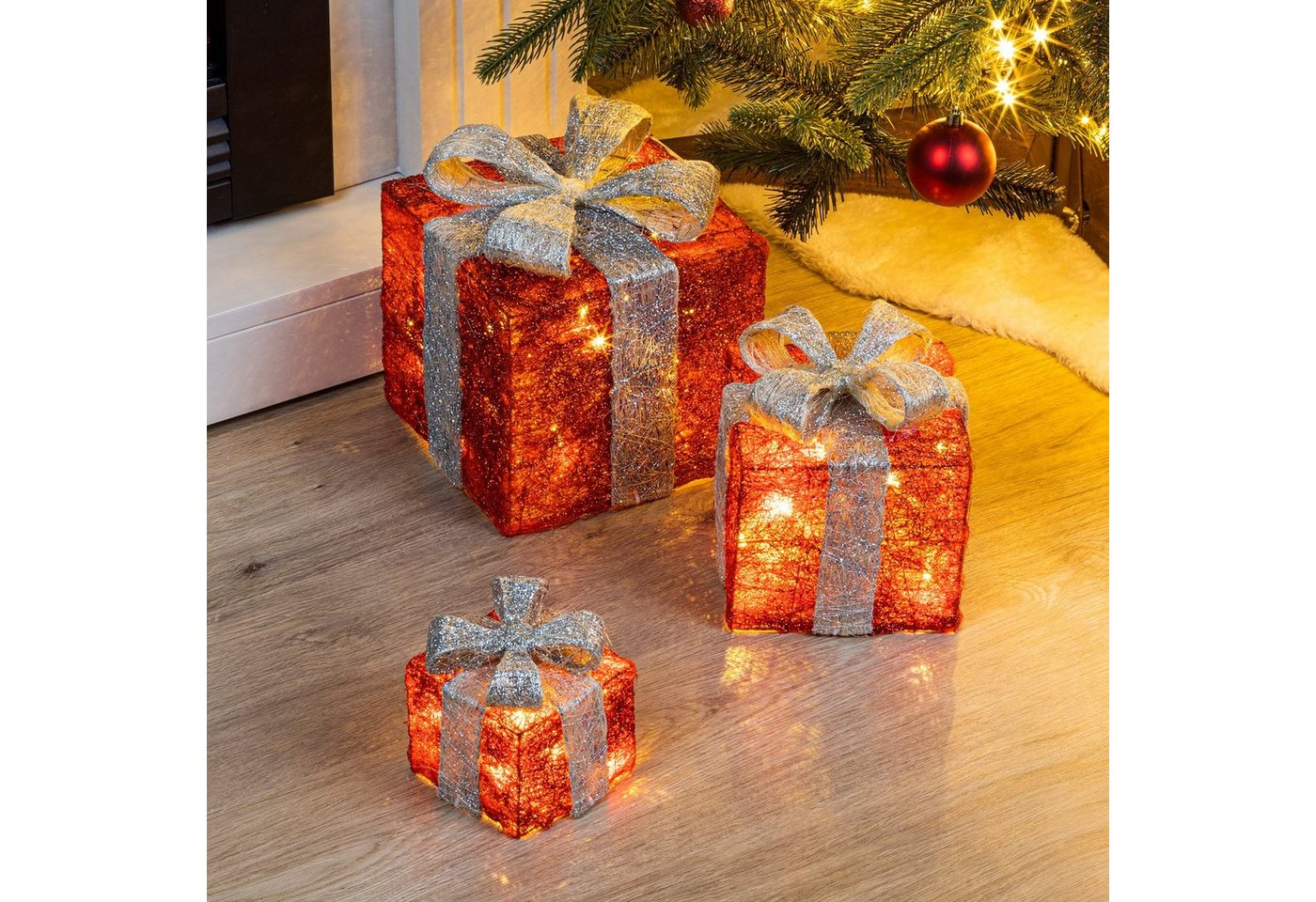 Spetebo LED Dekoobjekt LED Geschenkboxen mit Timer 3er Set - rot / grau, Timerfunktion, LED fest verbaut, warm weiß, Weihnachts Deko Boxen warm weiß beleuchtet von Spetebo