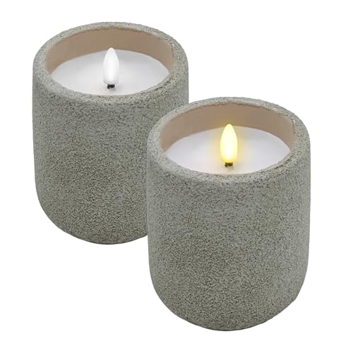 Spetebo LED Kerze im Keramik Becher mit Beton Optik 10 x 9 cm - 2er Set - Dekokerze Batterie betrieben mit Timer Funktion - Deko Stimmungslicht künstliche Flamme mit Flacker Effekt für Innen von Spetebo