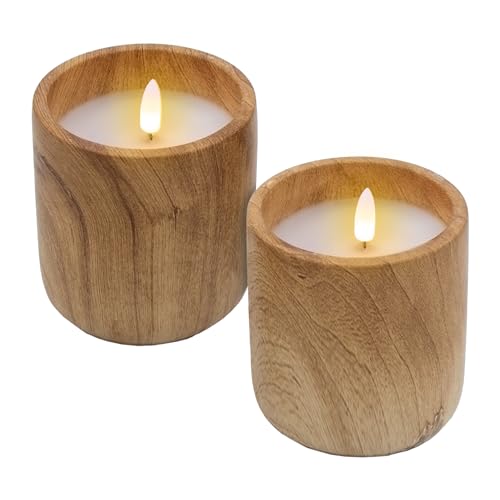 Spetebo LED Kerze im Keramik Becher mit Holz Optik 10 x 9 cm - 2er Set - Dekokerze Batterie betrieben mit Timer Funktion - Deko Stimmungslicht künstliche Flamme mit Flacker Effekt für Innen von Spetebo