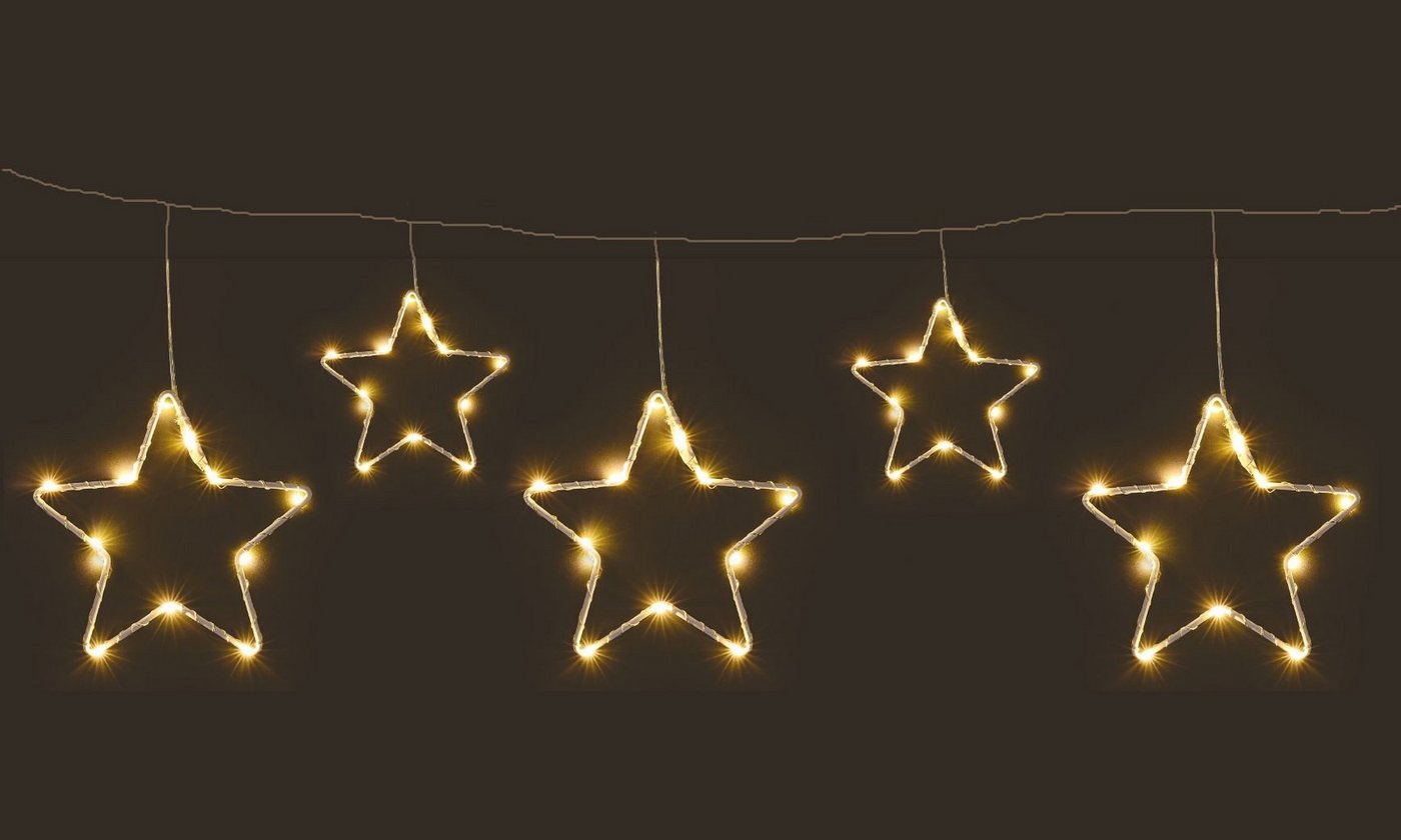 Spetebo LED-Lichtervorhang LED Lichtervorhang mit 5 Metall Sternen warm weiß, 5-flammig, 120 cm Länge - Weihnachten Fenster Beleuchtung mit Timer Batterie von Spetebo