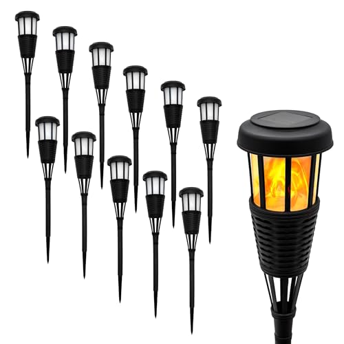 Spetebo LED Solar Gartenfackel in Rattan Optik - 12er Set - Solarleuchte 48 x 10 cm mit Flackereffekt - Garten Deko Beleuchtung Gartenstecker Beetstecker Gewegleuchte mit Flammen Effekt von Spetebo