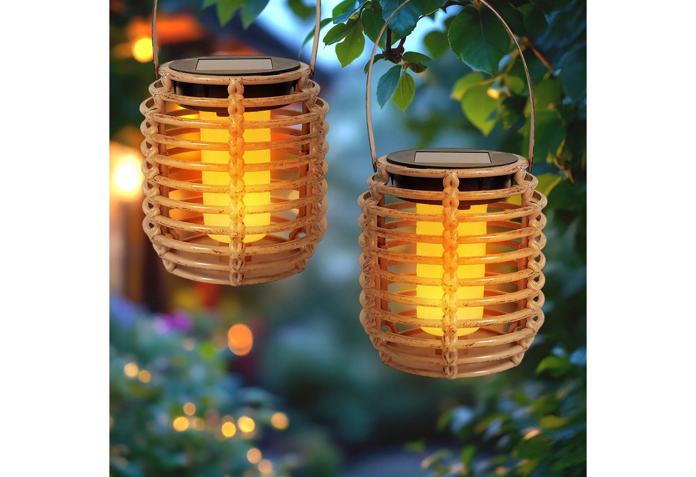 Spetebo LED Windlicht Mini Solar Leuchte in Rattan Optik - 11 x 10 cm - 2er Set, Solar betrieben, LED fest integriert, orange (feuerfarben), zum Hängen oder Stellen von Spetebo