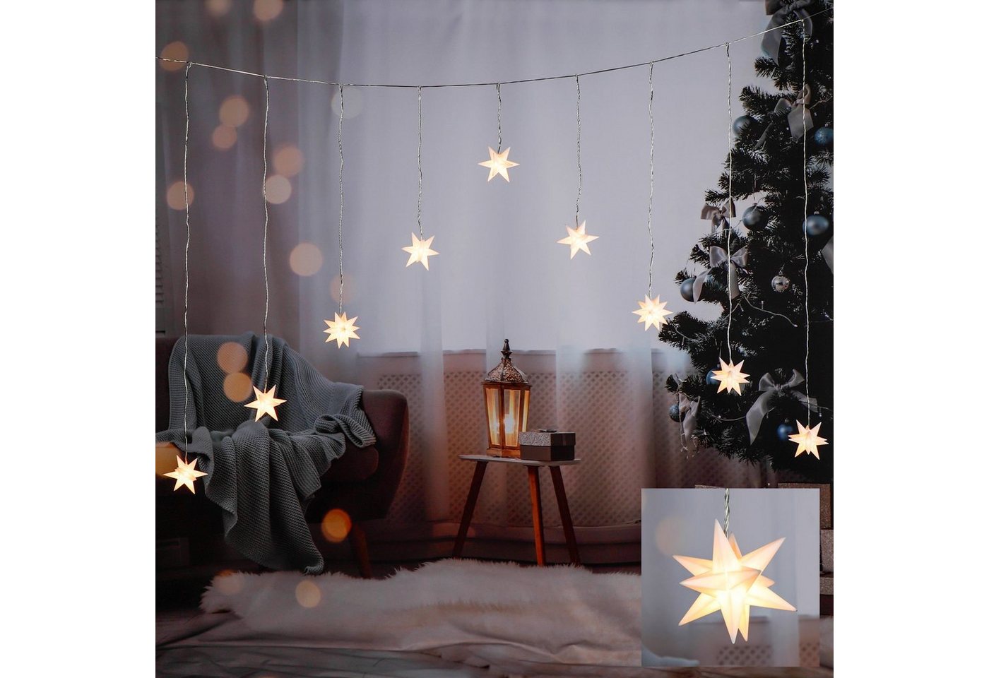Spetebo Lichtervorhang LED Vorhang mit 3D Sternen - 160 cm - mit 9 LED, 9-flammig, Stern Lichterkette in 160 cm mit 9 LED in warm weiß von Spetebo