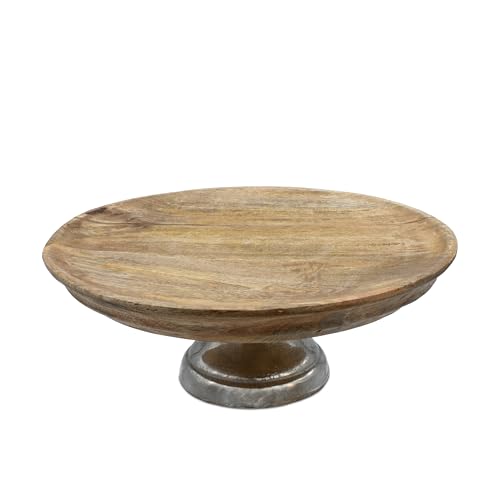 Spetebo Mango Deko Teller mit Fuß aus Aluminium - Ø 30 cm - Holz Servierständer mit Metall Standfuß - Etagenständer Tortenplatte Obstteller Servierplatte von Spetebo