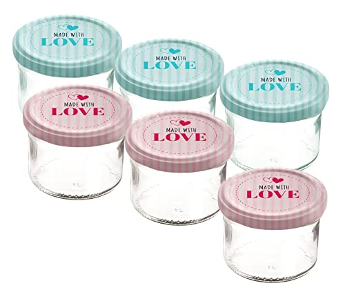 Spetebo Marmeladenglas mit bedrucktem Metall Deckel - 6er Set - Einmachglas mit farbigem Schraubverschluss - Einweckglas Honigglas Sturzglas luftdicht Made with Love rosa und grün von Spetebo