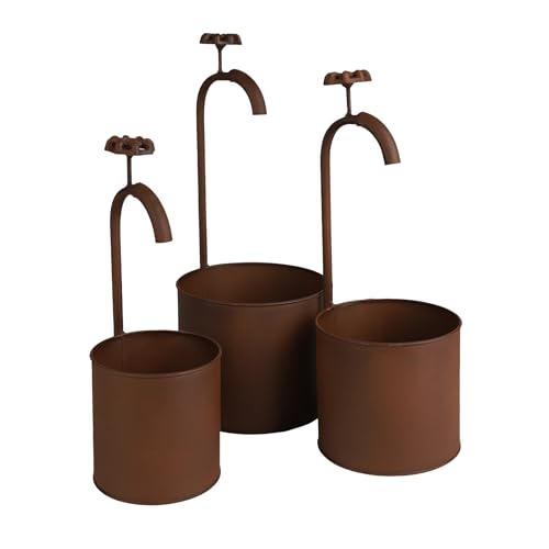 Spetebo Metall Blumentopf 3er Set Eimer mit Wasserhahn - 17/14 / 12 cm - Vintage Übertopf Rost Optik mit Deko Wasserhahn - Garten Dekoration Pflanztopf Retro klein von Spetebo