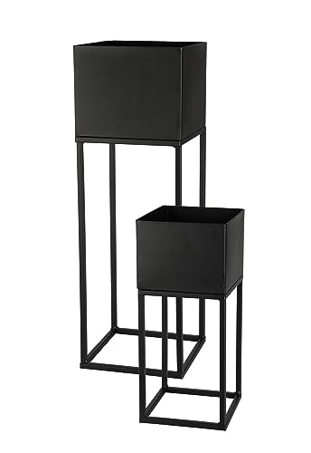 Spetebo Metall Blumentopf Ständer 2er Set schwarz für Außen - 58 / 37 cm - Garten Pflanzsäule mit integriertem Übertopf - Blumenhocker Blumentreppe Pflanzenständer Topf Halter wetterfest von Spetebo