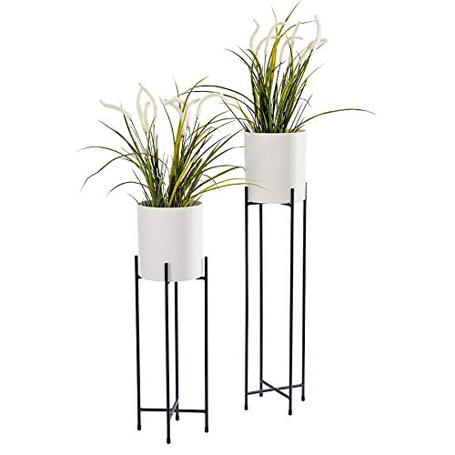 Spetebo Metall Blumentopfständer 2er Set - Ständer mit weißen Töpfen - 74 und 58 cm - Blumentopfhalter mit Topf - Planzenständer rund von Spetebo