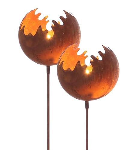 Spetebo Metall Gartenstecker Naturrost Feuerball - 2er Set/groß - Rost Windlicht mit Erdspieß ca. 98 x Ø 15 cm - Garten Deko Kerzen Halter Feuerkugel von Spetebo
