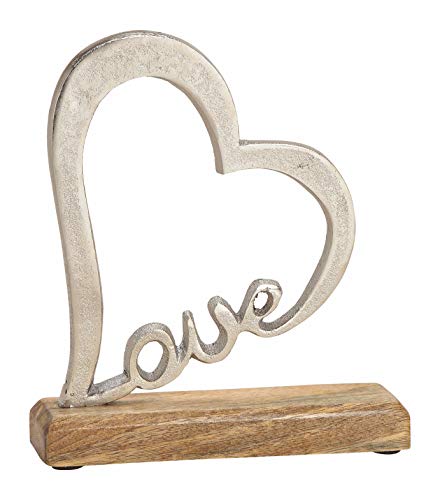 Spetebo Metall Herz in Silber mit Schriftzug Love auf Mango Holzfuß - 20x18x5 cm - Tisch Deko Herz Skulptur von Spetebo