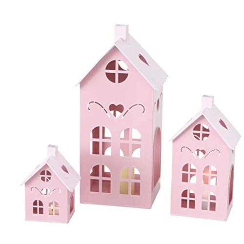 Spetebo Metall Laterne Häuser im 3er Set in rosa mit Herz - 40/26 / 17 cm - Deko Windlicht Haus - Kerzenhalter pink für Innen und Außen von Spetebo