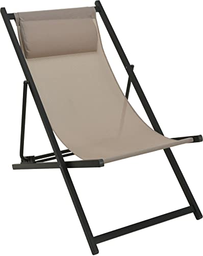 Spetebo Metall Liegestuhl mit Kopfkissen - 100 cm/grau beige - Klappbarer Garten Balkon Terassen Stuhl Faltstuhl von Spetebo