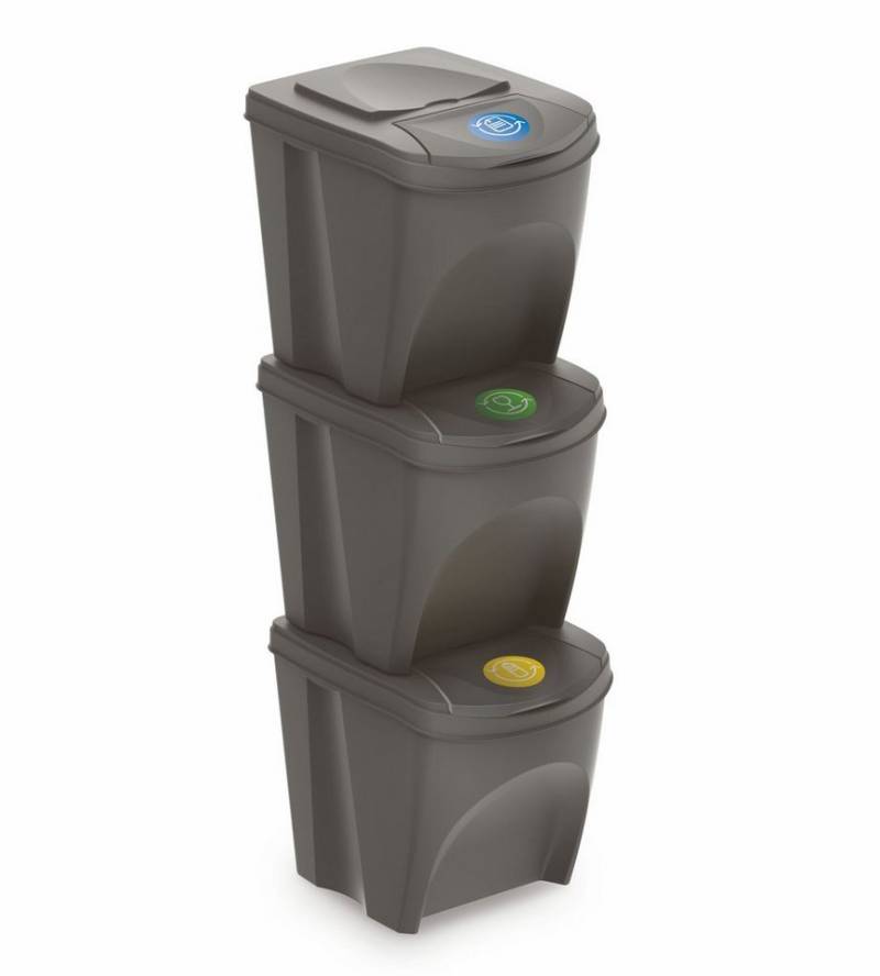 Spetebo Mülleimer Sortibox - 3er Set Mülleimer 25 L steingrau, Stapelbares Müll Trennsystem von Spetebo