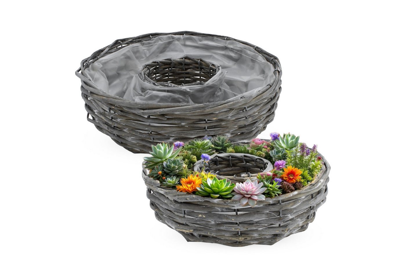 Spetebo Pflanzschale Rattan Pflanzring natur mit Folie 2er Set - 30 / 25 cm - (Stück, 1 St., 2er Set), in 2 verschiedenen Größen von Spetebo