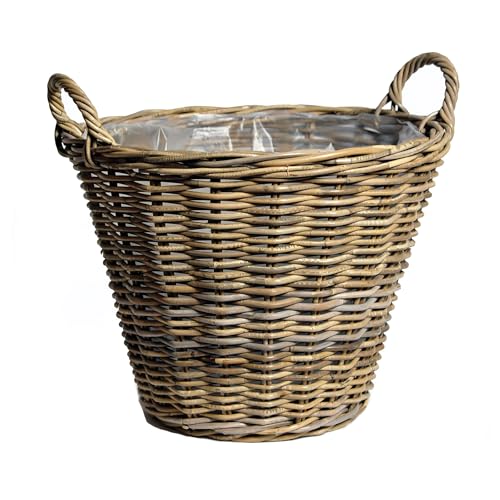 Spetebo Rattan Pflanzkorb Natur mit Henkeln - 34 cm - Weide Blumenkorb mit Folie - Garten Deko Flechtkorb Gartenkorb Weidenkorb Übertopf geflochten von Spetebo