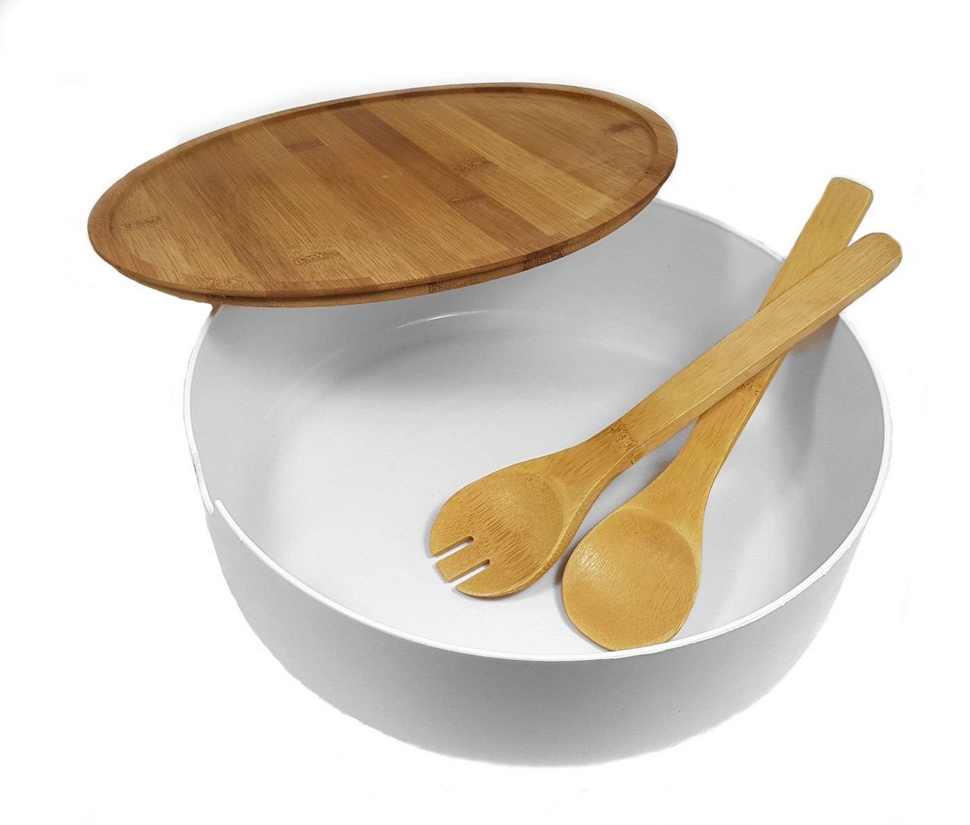 Spetebo Salatschüssel XXL Salatschüssel mit Bambus Deckel, Kunststoff, (Packung, 1-tlg), Kunststoff Schale groß inklusive Holz Besteck von Spetebo