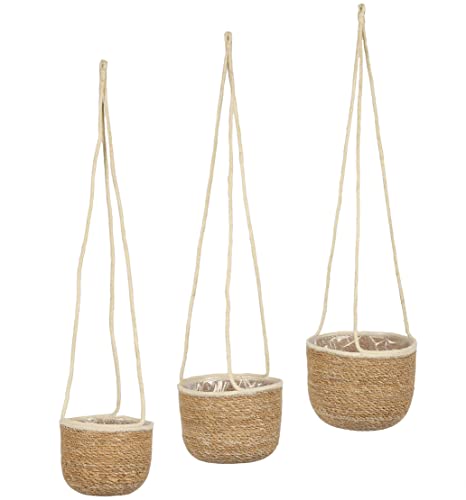 Spetebo Seegras Blumenampel 3er Set Natur - 23/20 / 17 cm - Deko Korbset zum Hängen - Pflanzkorb Blumenkorb Pflanztopf Übertopf Hängekorb Aufbewahrungskorb hängend von Spetebo