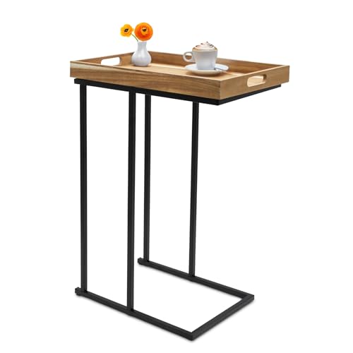 Spetebo Sofa Beistelltisch in C-Form schwarz – 60 x 45 cm – Deko Tisch mit abnehmbarem Holz Tablett – praktischer Ablagetisch für Wohnzimmer und Sofa von Spetebo
