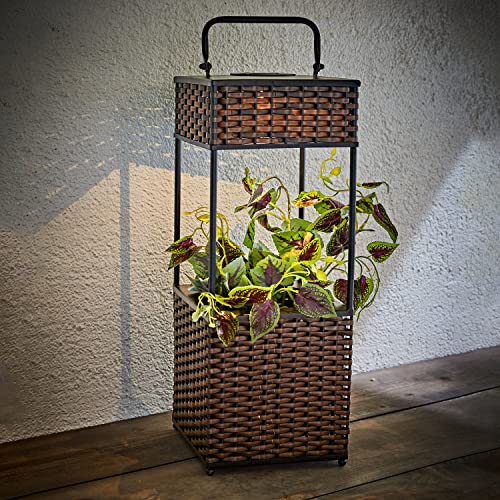 Spetebo Solar LED Rattan Blumensäule braun - 50 cm - Beleuchteter Blumentopf Ständer mit Griff - Pflanz Säule Blumen Topfhalter Garten Deko mit Licht außen von Spetebo