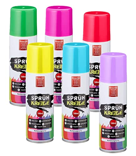 Spetebo Sprühkreide wasserlöslich 100 ml Dose - 6er Set - Kreidespray in 6 verschiedenen bunten Farben - Flüssigkreide Markierungsspray abwaschbar Straßen Kreide Marker rot gelb grün pink lila blau von Spetebo