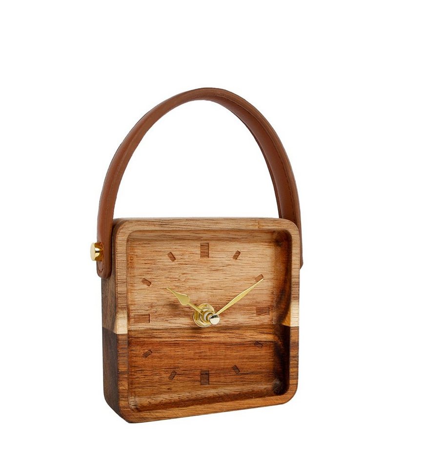 Spetebo Standuhr Holz Standuhr 11 cm mit Griff in Leder Optik (1-St), Analog Retro Tischuhr eckig von Spetebo