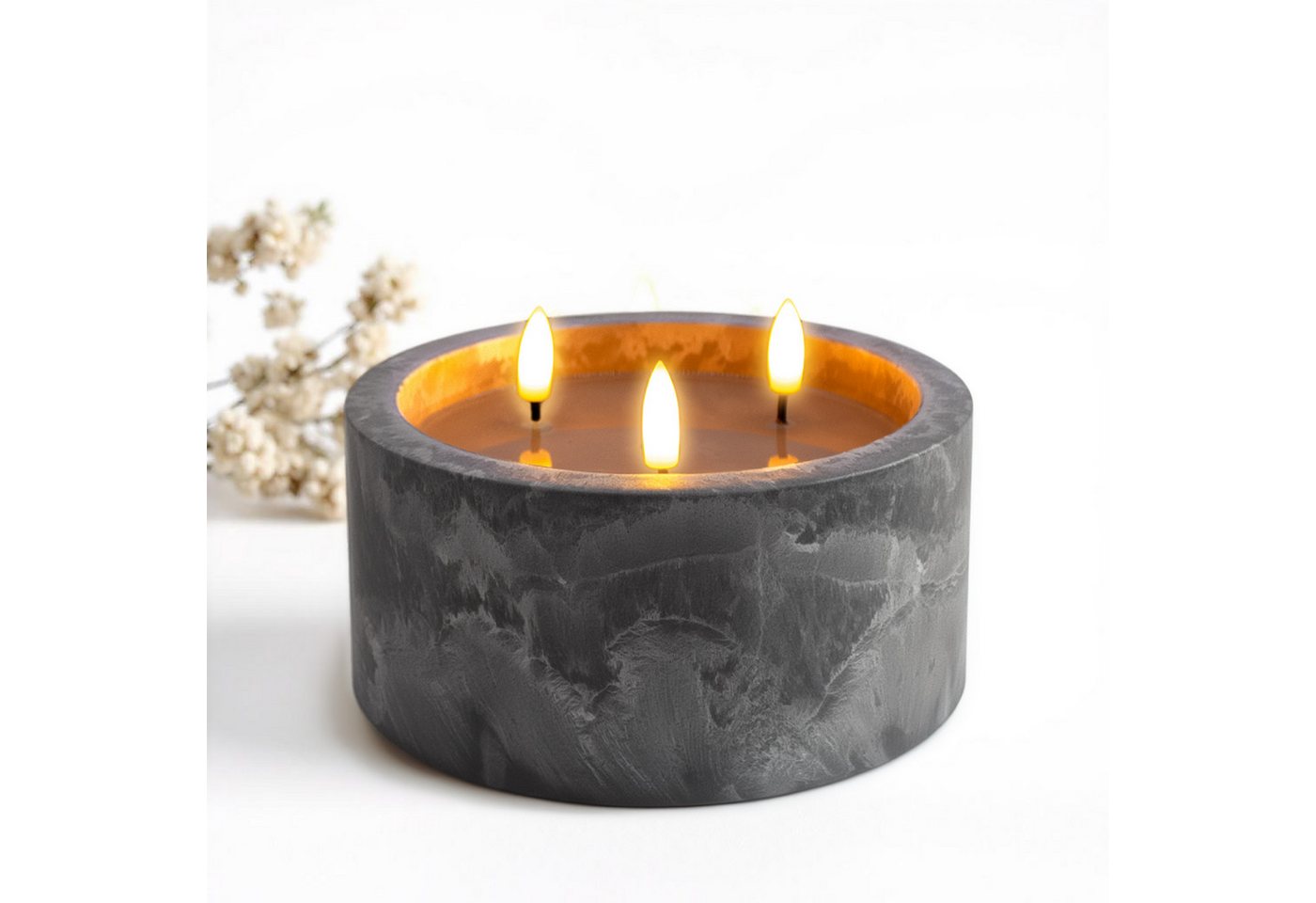 Spetebo Stumpenkerze LED 3-Docht Kerze in Beton Optik (grau, 1-tlg., Ø 15 cm), Deko Kerze mit künstlicher Flamme von Spetebo