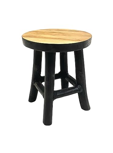 Spetebo Teak Blumenhocker 17 x 15 cm rund - schwarz/klein - Holz Pflanzen Hocker mit 4 Füßen - Echtholz Deko Massivholz Blumen Pflanzen Ständer von Spetebo