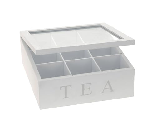 Spetebo Teebox Teekiste aus Holz mit 9 Fächern und Sichtfenster - 22 x 22 cm - Teebeutel Aufbewahrungsbox Weiß von Spetebo
