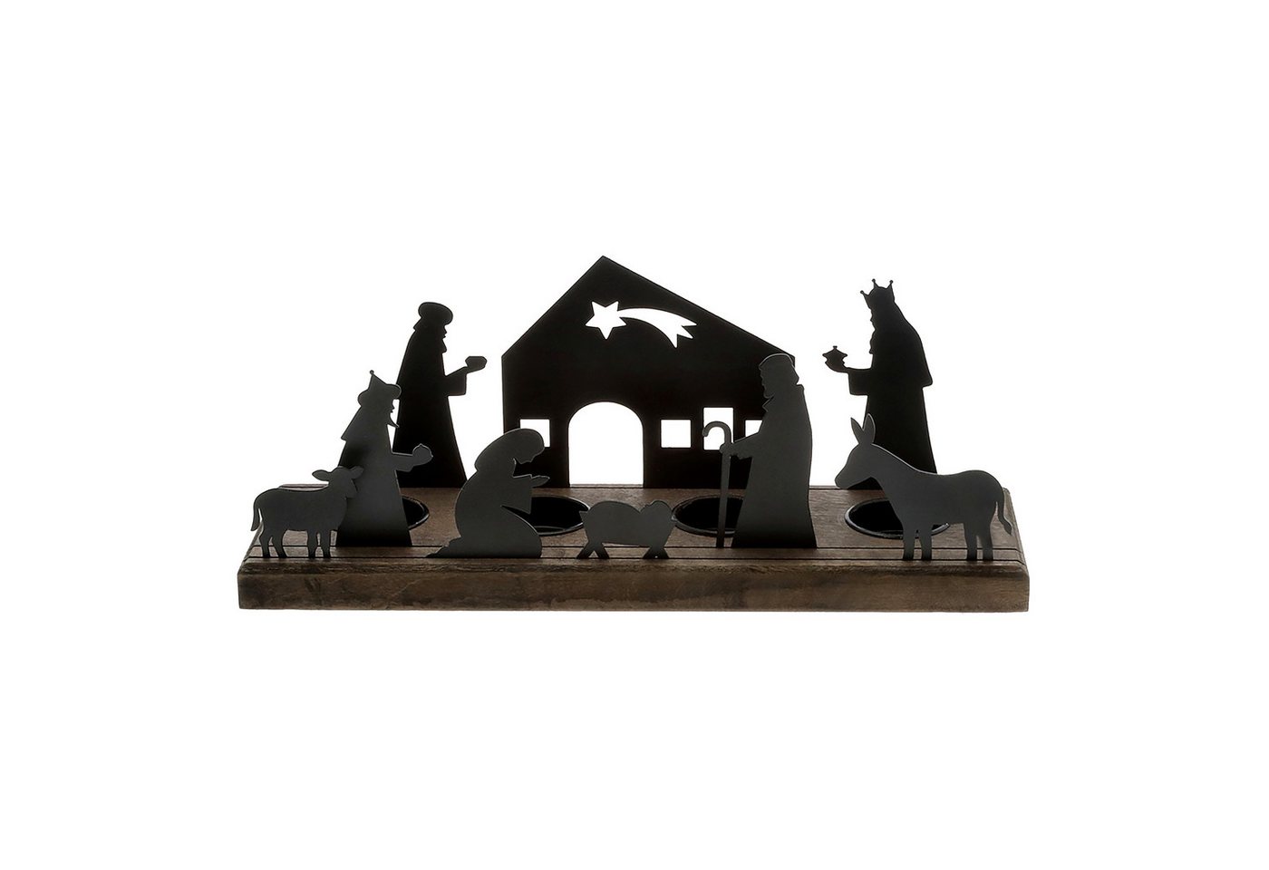 Spetebo Teelichthalter mit Tablett Krippen Figuren schwarz - 32 x 9 cm (Pack., 1 St., 1), Weihnachtsdorf Silhouette für 4 Teelichter von Spetebo