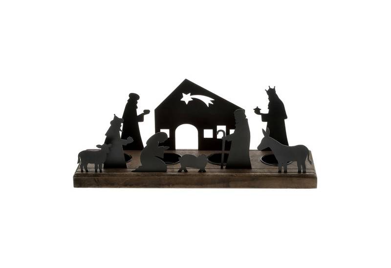 Spetebo Teelichthalter mit Tablett Krippen Figuren schwarz - 32 x 9 cm (Pack., 1 St., 1), Weihnachtsdorf Silhouette für 4 Teelichter von Spetebo
