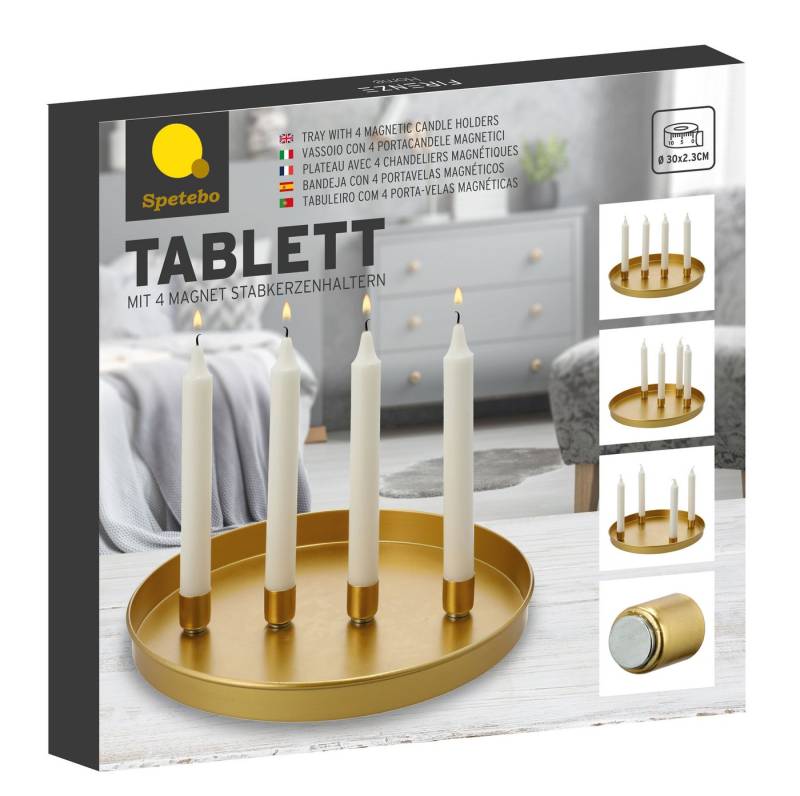 Spetebo Tischkerzenhalter Metall Kerzentablett - ca. Ø 30 cm (Artikel besteht aus Tablett mit, 4 St., Magnet Kerzenhaltern), Kerzen Tablett in gold von Spetebo