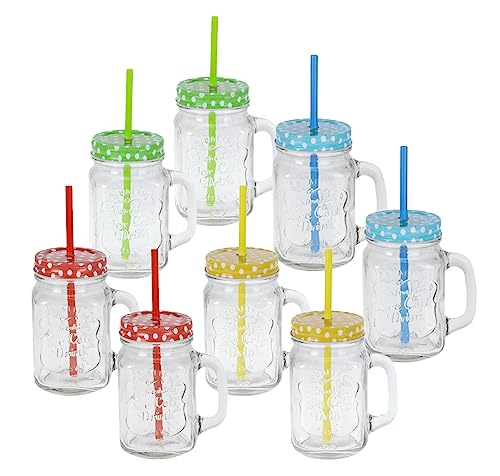 Spetebo Trinkgläser mit Deckel und Strohhalm - 8er Set - Vintage Gläser mit Henkel - Deckelgläser Gläserset mit Schraubdeckel für Wasser Limonade Longdrinks Cocktails von Spetebo