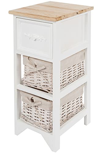 Spetebo Vintage Holz Kommode weiß mit 2 Rattan Körben - 62 x 32 cm - Standregal mit Schublade im Landhaus Stil - Aufbewahrungs Korb Regal freistehend für Badezimmer Wohnzimmer Wintergarten von Spetebo