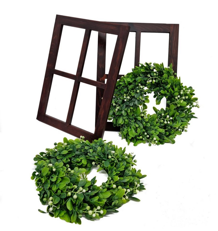 Spetebo Wanddekoobjekt Holz Fensterrahmen mit Mistelkranz - Walnuss (Set, 4 St., 2er-Set), Holzrahmen mit künstlichem Grünkranz von Spetebo