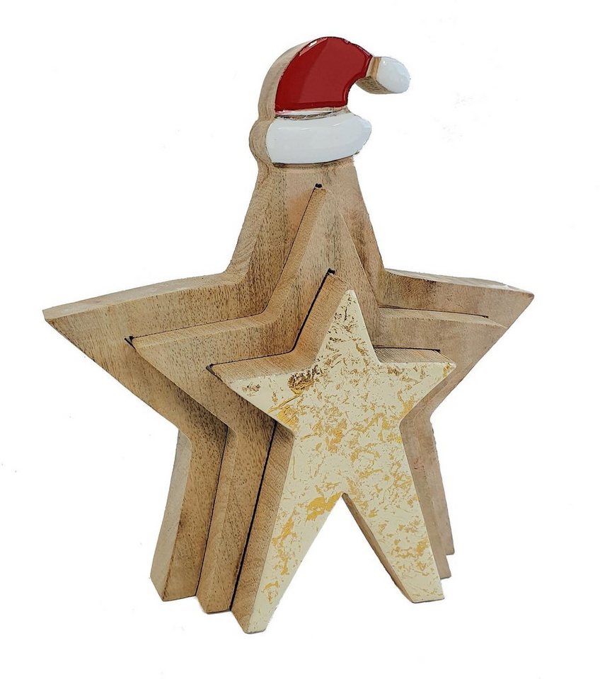 Spetebo Weihnachtsfigur 3D Mango Holz Stern - 21 x 20 cm (Stern, 3 St., Deko-Stern mit Weihnachtsmütze), 3-teiliger Deko Stern aus Mango Holz von Spetebo