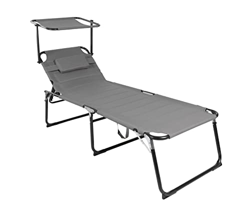 Spetebo XXL Aluminium Gartenliege mit Sonnendach - Grau - Sonnenliege gepolstert mit Kopfkissen - Relax Garten Sonnen Liege mit breiter Liegefläche Dach Kissen von Spetebo