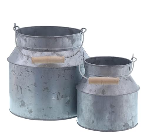 Spetebo Zink Deko Milchkanne 2er Set - 18/13 cm - 2 Stück Blumeneimer mit Henkel und Holzgriff - Pflanzen Kräuter Blumen Topf für Garten Balkon und Terrasse von Spetebo