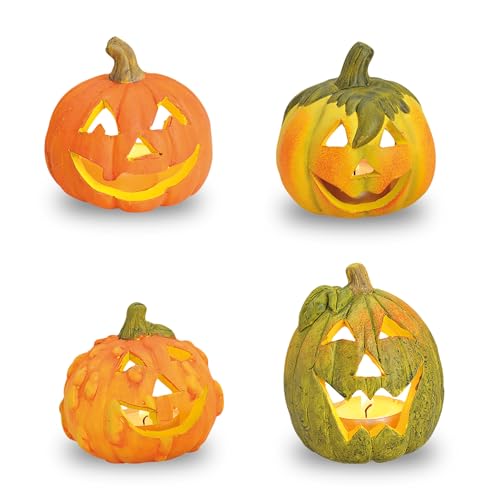 Ton Kürbis Herbstdeko Teelichthalter 4er Set - Ø 8 cm - Halloween Windlicht für Innen und Außen - Kerzenhalter Tischdeko Dekokürbis Deko Laterne klein von Spetebo