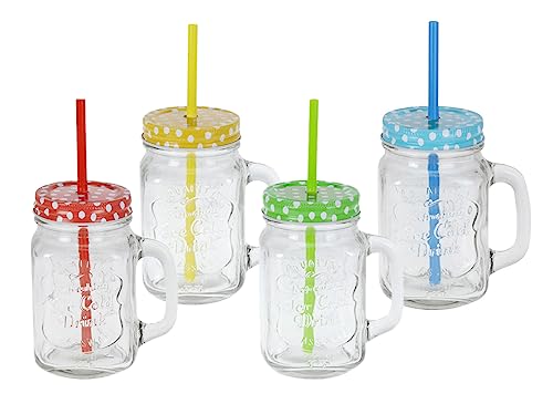 Spetebo Trinkgläser mit Deckel und Strohhalm - 4er Set - Vintage Gläser mit Henkel - Deckelgläser Gläserset mit Schraubdeckel für Wasser Limonade Longdrinks Cocktails von Spetebo