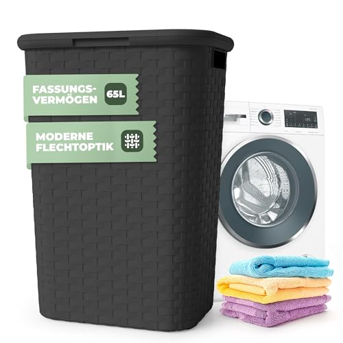 Wäschekorb mit Deckel Rattan - Wäschebox in Flechtoptik 65 L - Wäschesammler Kunststoff mit seitl. Griffen - Platzsparende Wäschesammelbox für Badezimmer & Wohnräume - Wäschetonne anthrazit von Spetebo