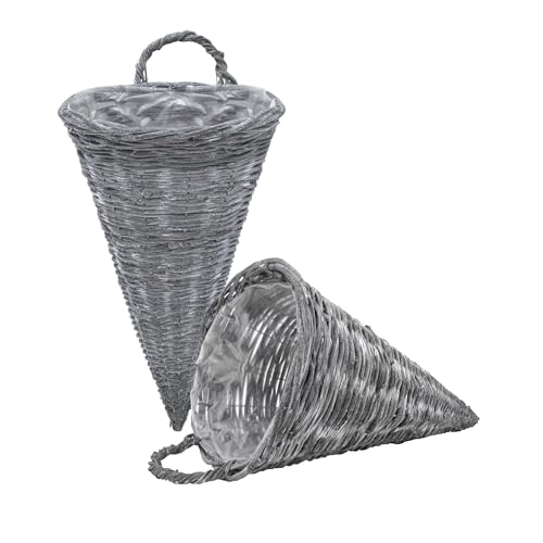 Wand Blumenampel 41 x 24 cm Shabby grau - 2er Set - Rattan Hänge Pflanzkorb für Innen und Außen - Natur Garten Deko Weidekorb Kegel Blumentopf Pyramide mit Folie zum Hängen von Spetebo