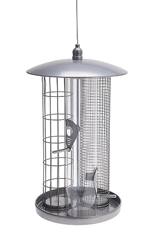 Spetebo XL Edelstahl Vogel Futterstation mit 4 Sitzstangen - 36 x 22 cm - Metall Vogel Futterhaus groß zum Hängen - Futterstelle Vogelfutterplatz Futtersilo Futterspender für Vögel von Spetebo