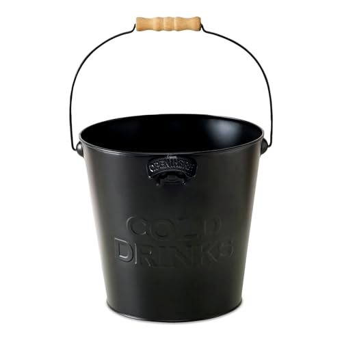 Zink Eiseimer mit integriertem Flaschenöffner - schwarz - Metall Getränkekühler 22 cm mit Holzgriff - Eiskübel Flaschenkühler Weinkühler Sektkübel Champagnerschale Getränkekübel Eiswürfelbehälter von Spetebo