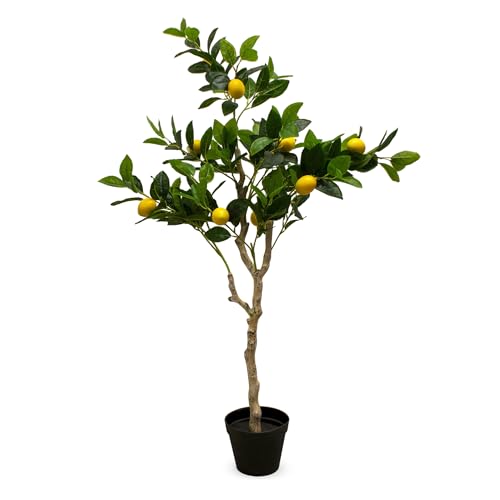 Zitronenbaum Kunstpflanze im schwarzen Topf - 118 x 40 cm - Künstlicher Baum im Blumentopf mit 10 Zitronen - Kunst Zitrone Topfpflanze Dekobaum Zierbaum Kunstbaum Zimmerpflanze Limone Limette wie echt von Spetebo