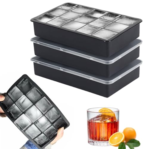Spetsbst 3 Pack Eiswürfelform Silikon Schwarz 15 Fach Eiswürfelbehälter mit Deckel, Ice Cube Tray für Cocktail Whiskey Kaffee (M) von Spetsbst