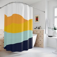 Boho Abstrakt Wellen Duschvorhang Oder Matte, Modern Blau Orange, See Designer Vorhang, Badezimmer Dekoration, Minimalistisch Mint Home Art von SphinxMedia