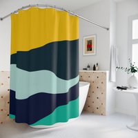 Boho Abstrakt Wellen Duschvorhang Oder Matte, Modern Blau Orange, See Designer Vorhang, Badezimmer Dekoration, Minimalistisch Mint Home Art von SphinxMedia