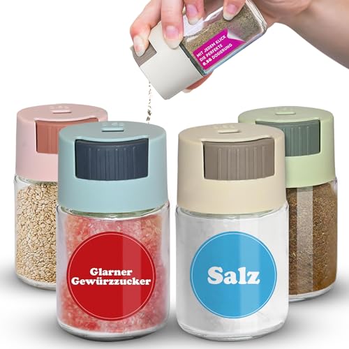Spicy Cat 4er Set kleine Glas Zuckerstreuer/Salzspender mit Deckel – 1/4 TL pro Klick für Salz, Zucker, Knoblauch, Zimt – Gewürzspender & Zuckerdosierer von Spicy Cat